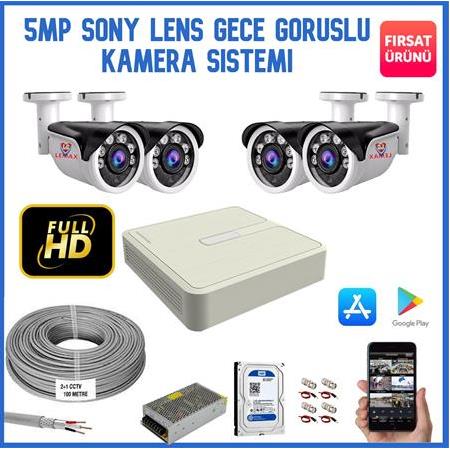 4 Kameralı 5 MP Sony Lens Gece Görüşlü AHD Güvenlik Kamerası Sistemi