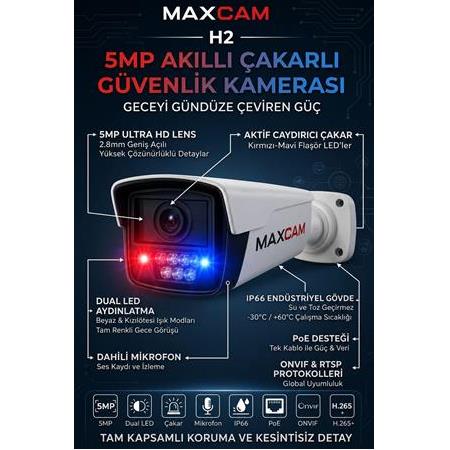 5 MP Sesli Poeli Gece Renkli 1440P IP Dış Mekan Çakarlı Güvenlik Kamerası