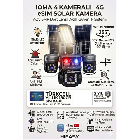 4 Kameralı Sim Kartlı Kamera, 2 Solar Panelli, PTZ aydınlatmalı, 2 Yönlü Konuşma, Çakarlı