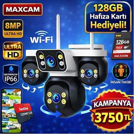 4 Kameralı 4 Görüntülü 4K Ultra HD 360 Dönebilen Kablosuz Wifi Kamera Renkli Gece Görüşlü