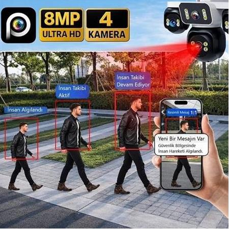 4 Kameralı 4 Görüntülü 4K Ultra HD 360 Dönebilen Kablosuz Wifi Kamera Renkli Gece Görüşlü