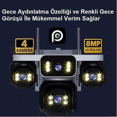 4 Kameralı 4 Görüntülü 4K Ultra HD 360 Dönebilen Kablosuz Wifi Kamera Renkli Gece Görüşlü