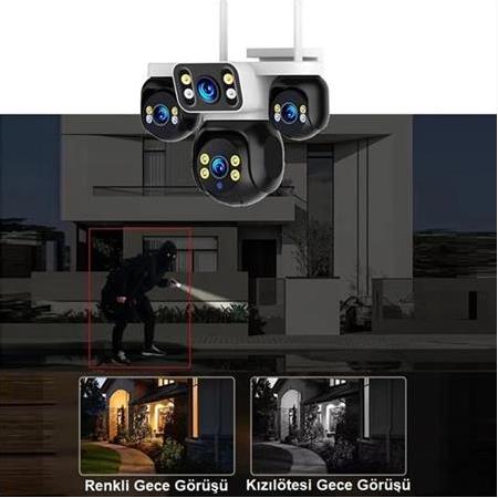 4 Kameralı 4 Görüntülü 4K Ultra HD 360 Dönebilen Kablosuz Wifi Kamera Renkli Gece Görüşlü