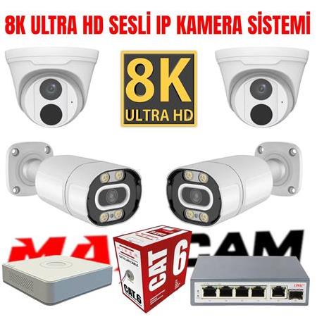 8K Ultra HD 4 Kameralı Sesli Gece Görüşlü IP Kamera Sistemi