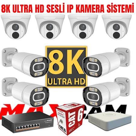 8K Ultra HD 8 Kameralı Sesli Gece Görüşlü IP Kamera Sistemi