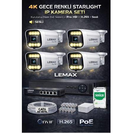 4 Kameralı 4K 1440P Full HD Sesli PoE IP Kamera Sistemi – Gece Renkli Ultra HD Güvenlik Seti