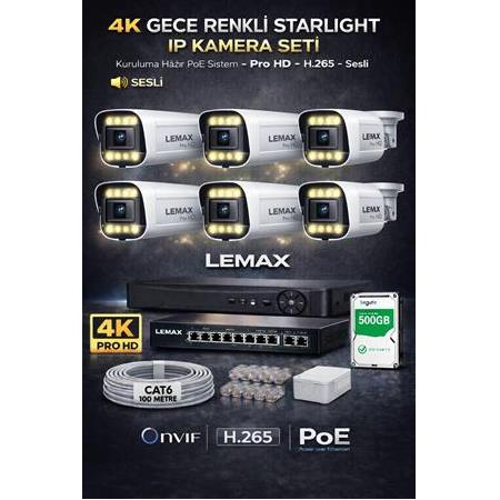 6 Kameralı 4K 1440P Full HD Sesli PoE IP Kamera Sistemi – Gece Renkli Ultra HD Güvenlik Seti