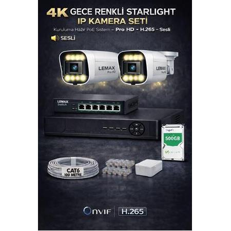 2 Kameralı 4K 1440P Full HD Sesli PoE IP Kamera Sistemi – Gece Renkli Ultra HD Güvenlik Seti