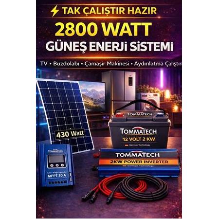 2800 Watt Tak Çalıştır Çamaşır Makinesi, TV, Buzdolabı Bağ evi Karavan Solar Paket